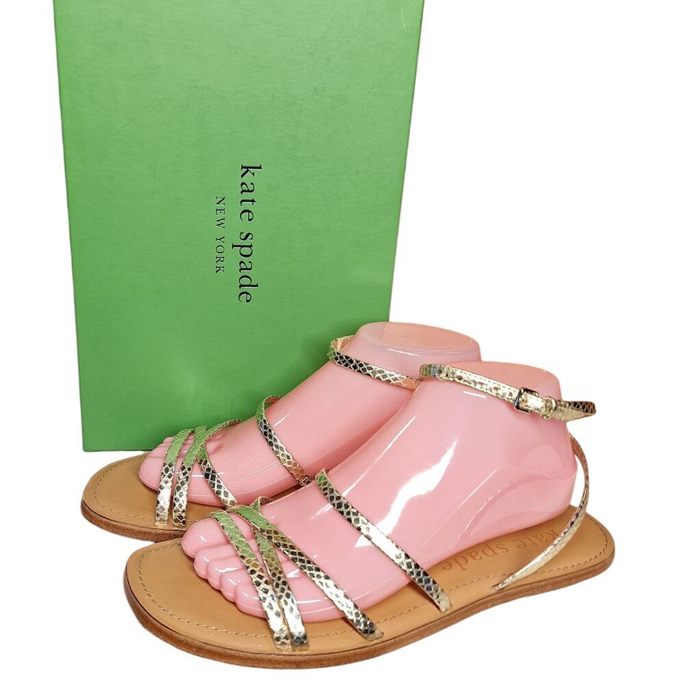Kate spade Cove Sandals Gold snake print strappy flat sandals metallic flats 9.5